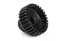 A black metal pinion gear for an RC car, shown at an angle against a white background.
