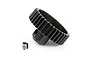 A black metal RC pinion gear with a separate small grub screw on a white background.