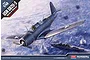 Box art for Academy 1/48 scale USN SB2U-3 Vindicator model kit showing the aircraft flying over a naval ship at sea.