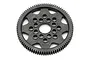 A black HPI Racing 84T spur gear for RC cars, featuring a circular design with multiple weight-reduction holes and molded text.