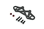 Kyosho carbon fibre front bumper plate with four black screws and two red anodized washers on a white background.