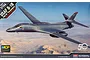 Box art for an Academy 1/144 scale USAF B-1B Lancer model kit featuring an illustration of the bomber flying over a desert landscape.