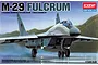 Box art for Academy 1/144 scale M-29 Fulcrum model kit featuring an illustration of the fighter jet on a runway.