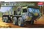 Box art for Academy 1/72 scale U.S. M977 8x8 Cargo Truck plastic model kit featuring a painted illustration of the military vehicle in a forest setting.