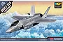Box art for an Academy 1/72 scale USAF F-35A Lightning II plastic model kit, showing an illustration of the fighter jet flying above clouds.