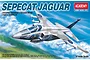 Academy 1/144 scale Sepecat Jaguar model kit box art showing a camouflaged jet fighter flying over a landscape.
