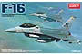 Box art for an Academy 1/144 scale F-16 Fighting Falcon model kit featuring two F-16 jets flying over a landscape.