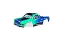 A pre-painted Losi Tenacity TT Pro Falken RC truck body shell featuring a blue and teal livery with various sponsor decals.