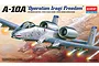 Box art for an Academy 1/72 scale A-10A Thunderbolt II plastic model kit, featuring an illustration of the aircraft in flight over a desert battlefield.