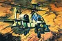 An artistic illustration of an AH-64D Apache helicopter flying over a rocky desert landscape, featuring detailed weaponry and rotor systems.