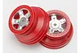 Two red and satin chrome RC car rims for Traxxas vehicles, shown from a front-facing angle against a white background.