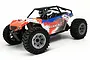 HSP Runner DT 1/16 scale RC truggy with orange, white, and blue bodywork, black roll cage, and two driver figures, viewed from a front-quarter angle.