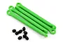 Four bright green plastic RC suspension linkages and eight small black ball ends arranged on a white background.