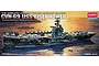 Box art for the Academy 1/800 scale USS Eisenhower CVN-69 aircraft carrier plastic model kit, featuring an illustration of the ship at sunset.