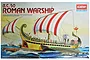 Box art for the Academy 1/72 scale Roman Warship model kit featuring an illustration of a Roman galley sailing on the sea.