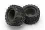 Two black Traxxas Talon RC monster truck tyres with foam inserts, shown from an angle against a white background.
