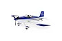 E-Flite RV-7 1.1m RC plane in blue and white livery with a pilot figure in the cockpit, shown from a side-angle view against a white background.