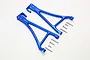 A pair of blue anodized aluminium front lower suspension arms for an RC car, labeled L and R, with included metal pins and screws on a white background.