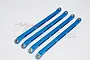 Four blue anodized aluminium suspension rods with metal pivot ball ends arranged diagonally on a white background.