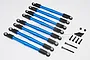 A set of eight blue anodized aluminium RC suspension linkages with black plastic rod ends and included mounting hardware on a white background.