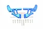 Two blue anodized aluminium RC rear wing mounts with a set of included mounting screws on a white background.