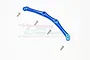 A blue anodized aluminium RC car body mount brace with four small silver screws arranged around it on a white background.