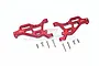 A pair of red anodized aluminium front lower suspension arms for an RC car, including mounting hardware, against a white background.