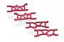 Four red aluminium RC suspension arms with mounting hardware on a white background.