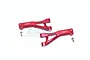 Two red anodized aluminium front upper suspension arms for an RC car, marked L and R, with two small mounting screws on a white background.