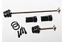 Traxxas steel CV drive shaft set including two shafts of different lengths, two drive cups, two O-rings, and four grub screws on a white background.