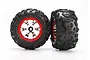Two Traxxas 2.2 inch Canyon AT monster truck tires pre-glued onto chrome and red plastic wheels against a white background.