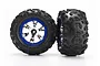 Two Traxxas 2.2 inch Canyon AT RC truck tires mounted on chrome and blue plastic wheels against a white background.