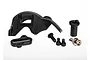 Traxxas gear cover set including a black plastic gear cover, mounting bracket, and various screws on a white background.