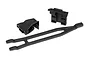 Traxxas battery hold down set for taller batteries, including a plastic strap and two mounting brackets on a white background.