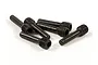 A small pile of six black metal grub screws with threaded heads and smooth shafts on a white background.