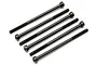 A set of six black metal cap head screws arranged diagonally on a white background.