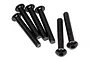 Six black button head machine screws with hex drive sockets, arranged on a white background.