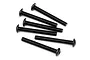 A group of six black metal button head screws with fine threading arranged on a white background.