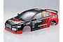 A 1/10 scale pre-painted Mitsubishi Evolution X rally body shell by Killerbody, featuring a black and red Advan racing livery.
