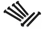 Six black metal button head screws with hex drive sockets arranged on a white background.