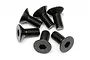 A group of six black metal countersunk hex head screws arranged on a plain white background.