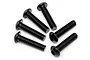A set of six black metal button head screws arranged on a white background.