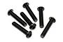 A set of six black button head screws with fine threads arranged on a white background.