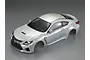 A pearl white 1/10 scale Lexus RC F RC car body shell by Killerbody, shown from a high-angle studio view against a grey background.