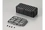 A 1/10 scale black plastic storage case with a separate sprue of hasp parts and four small screws on a grey background.