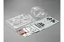 A clear, unpainted 1/10 scale Lexus RC F wide body kit by Killerbody, including the polycarbonate shell, decal sheets, and small hardware bags.