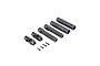 Losi rear drive shaft set including two universal joints, two splined shafts, two outer sleeves, and four small hex screws on a white background.