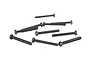 A group of eight black metal button head screws with coarse threads arranged on a white background.