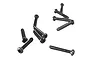 A collection of black metal button head screws with coarse threads scattered on a white background.