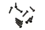 A collection of eight black metal countersunk screws with coarse threads and Phillips heads arranged on a white background.